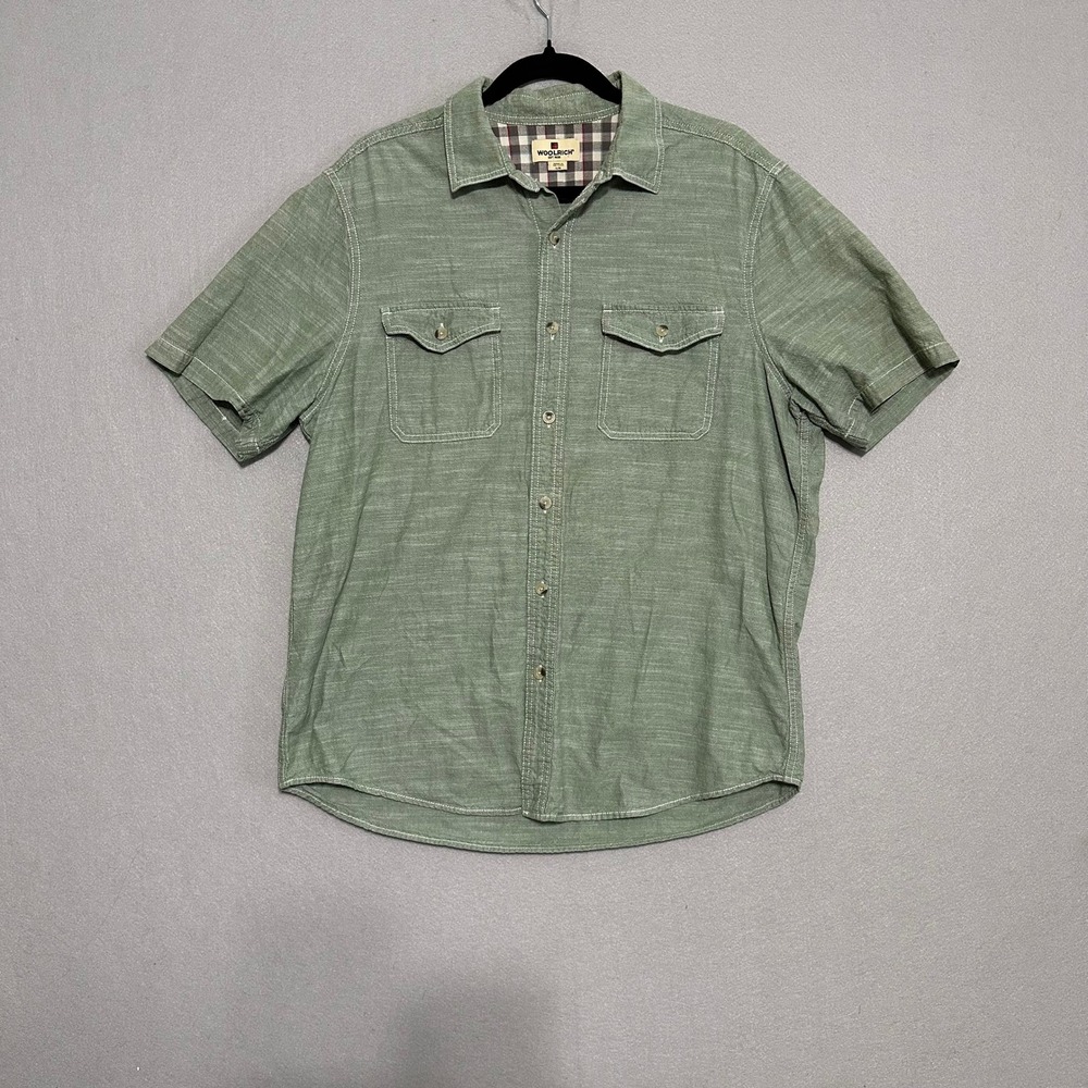 Woolrich Mens Large Green Slub Short Sleeve Button Down Utility Shirt Pocket